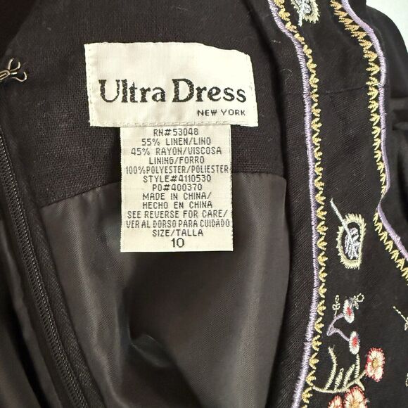 Ultra Dress New York Dress Size 10 Black Linen Blend Embroidered Button Back - Picture 11 of 15